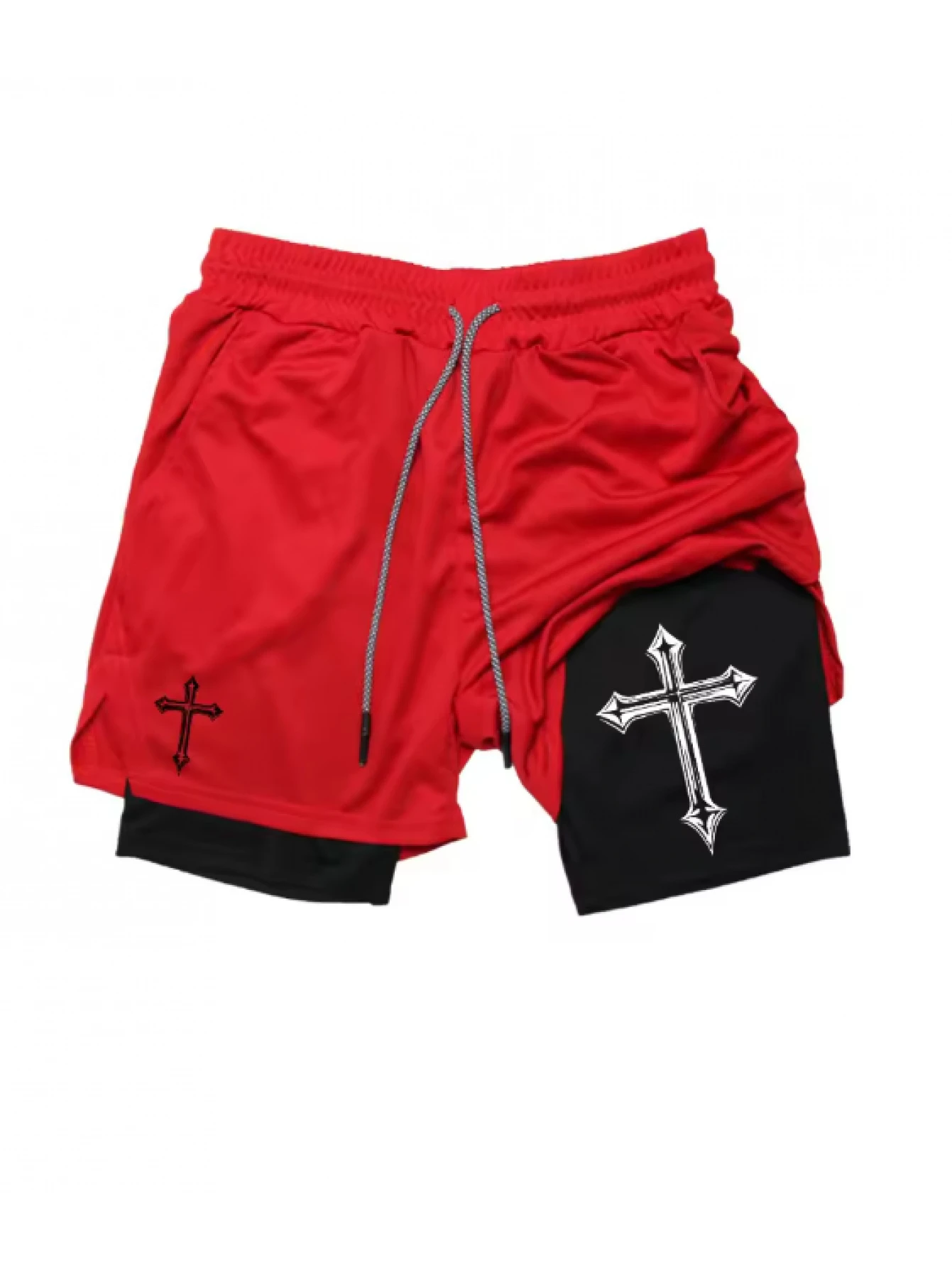 Men'S Christian Gym Athletic Shorts Featuring Cross Print 2 in 1 Design, with A Compression Liner Phone Pocket