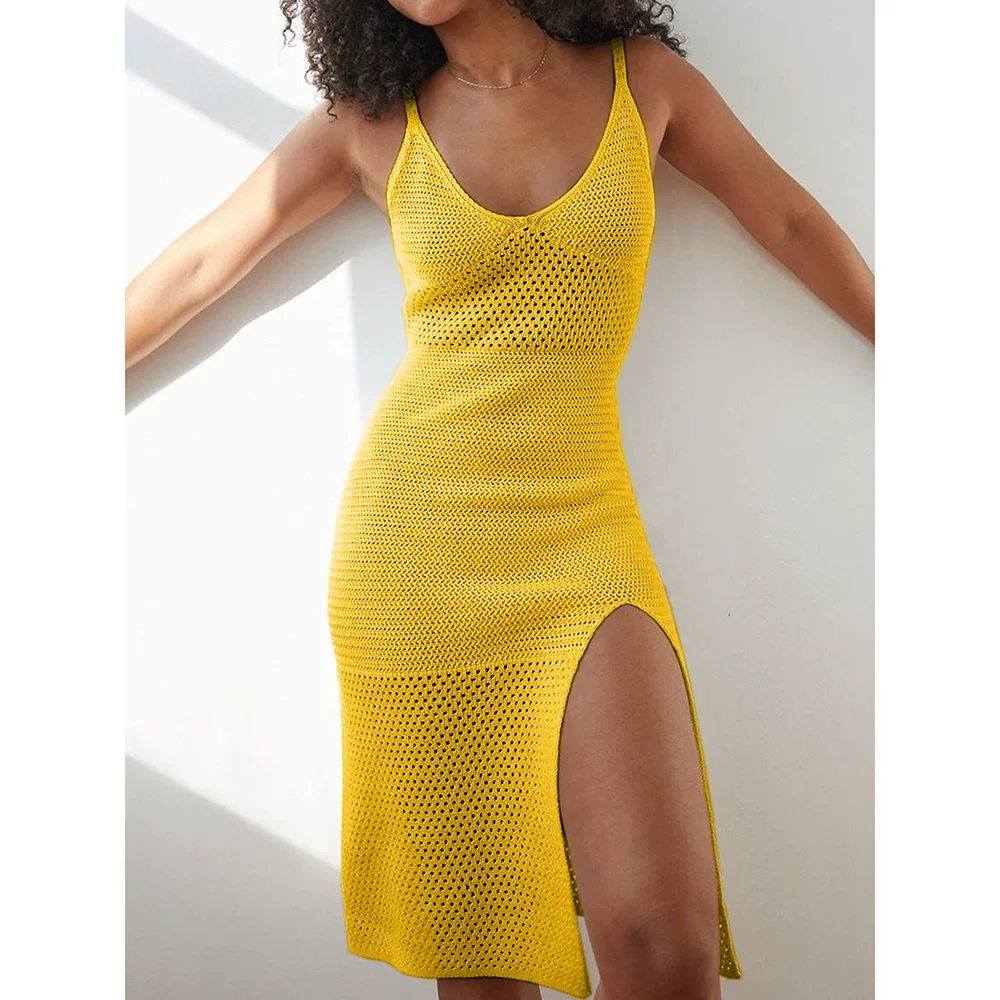 ชุดเดรสถักแขนกุดบางฤดูร้อนลูกไม้ Slit Strapless วันหยุดธรรมดาชุดยาวผู้หญิง