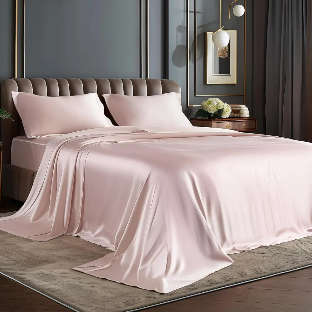 

Luxurious Queen Size Satin Sheets in Soft Pink, Silky Touch for Hair and Skin, 4-Piece Bedding Set
