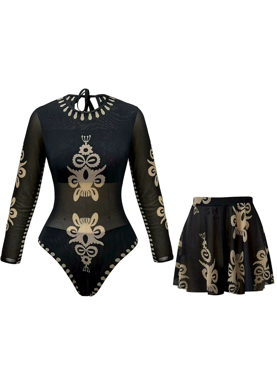 2026 UPF50 Sheer Rash Guard Black One-Piece Swimsuit With Short Pants Women Sexy Sun Protection Swimwear Beachwear