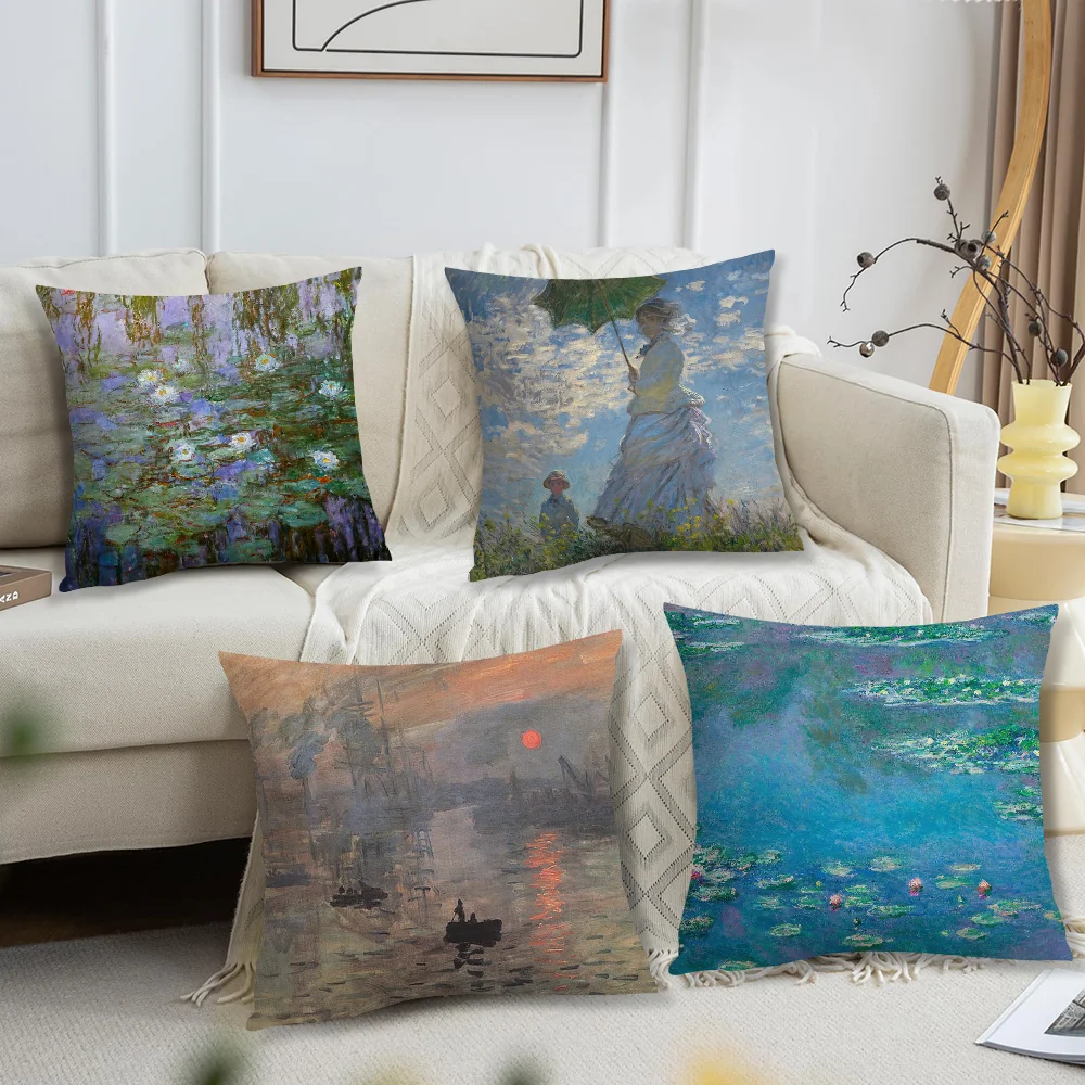 Art W-Water Lilies C-Claudes M-Monet Fine Pillow Case Square Cushion Room Bedroom Headboard Sofa Living Backrest Car Accessories