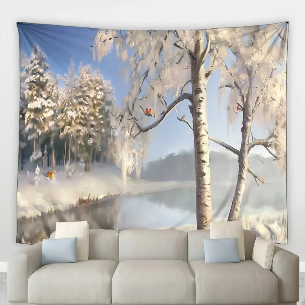 Fantasy Winter Forest Scenery Tapestry Park Lake Pine Tree Snow Scene New Year Wall Hanging Cloth Living Room Bedroom Home Decor