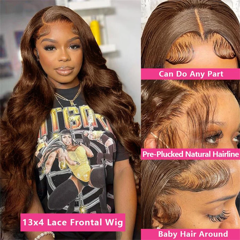 Perruque Lace Front Wig Body Wave Naturelle Sans Colle, Cheveux Humains, Brun Chocolat, 13x4, 13x6 HD, 4x4, pour Femme