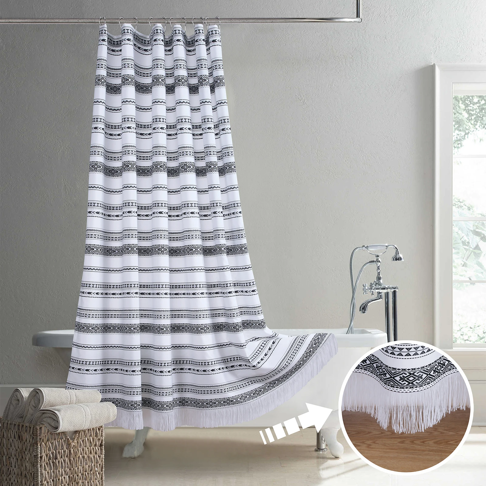 

Nally Black Yarn Dyed Polyester Jacquard Striped Fabric Waterproof Handmade Tassel Fringe Boho Farmhouse White Shower Curtain