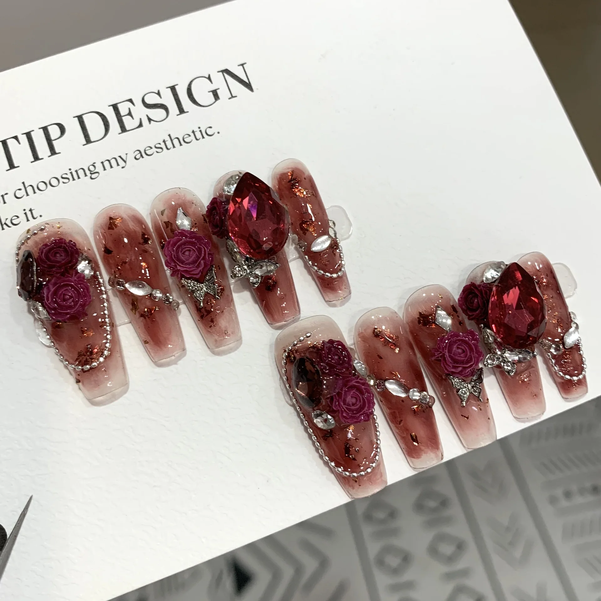 10Pcs Long Coffin Handmade Press on Nails Full Cover Rose Rhinestone Bow Design False Nails Square Ballerina Wearable Manicure