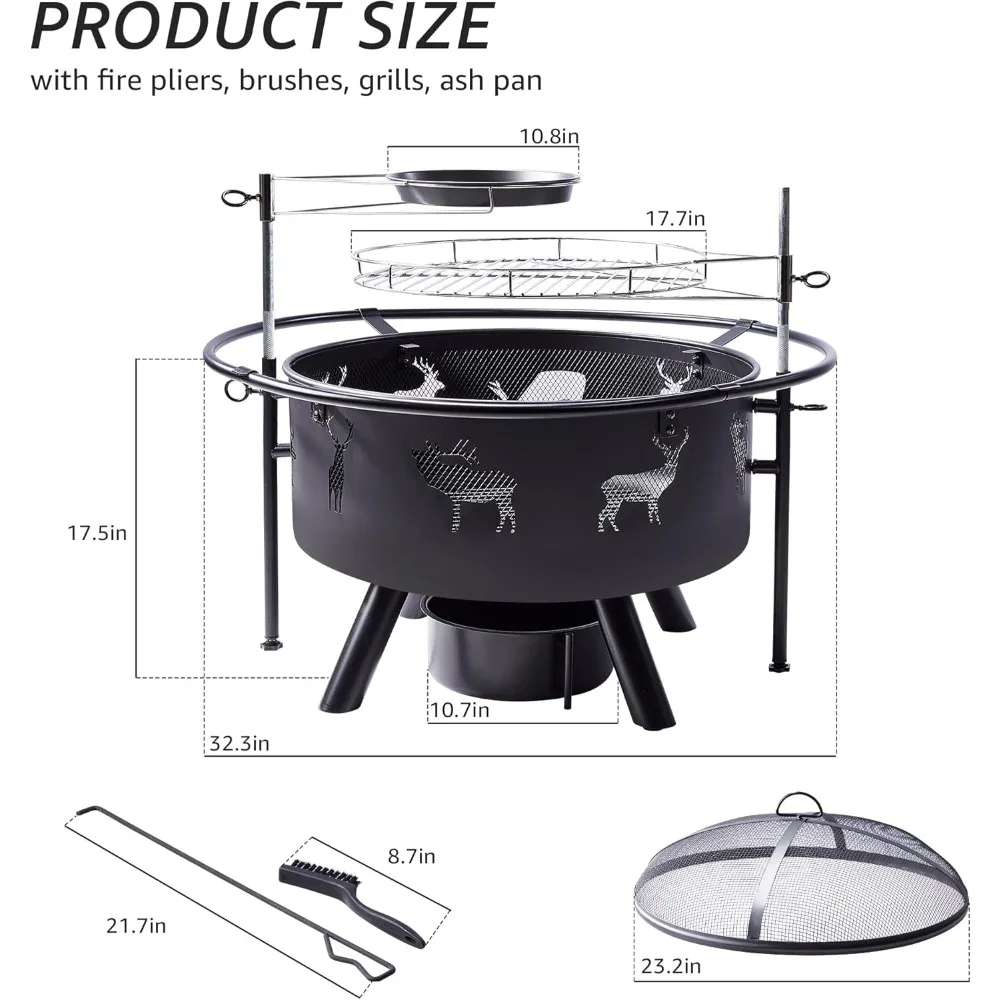 حفرة نار كبيرة مقاس 32 بوصة مع شوايتين، حفرة نار لحرق الخشب في الهواء الطلق مع شبكة طبخ وغطاء لعبة البوكر وغطاء دائري مقاوم للماء f #2