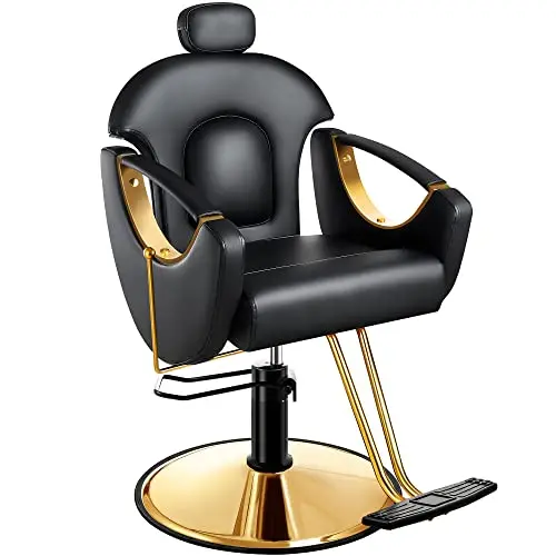 Ergonomic Reclining Hair Salon Chair, Gold Styling, Removable Headrest, 360 Swivel, Black