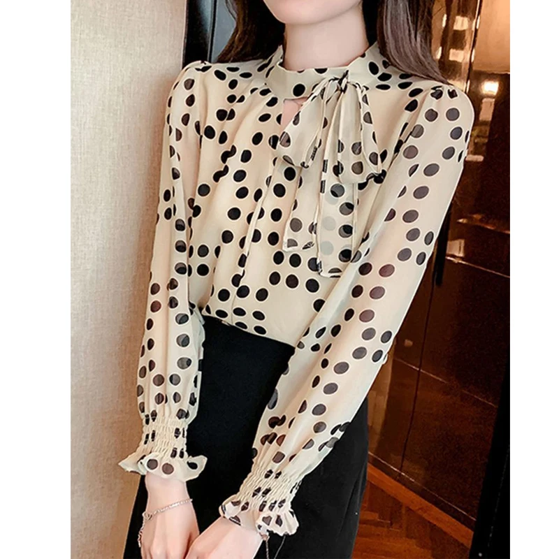 Spring Autumn Bow Polka Dot Long Sleeve Chiffon Shirt for Women\'s Chiffon Loose Elegant Shirt Tops Fashion Temperament Clothing