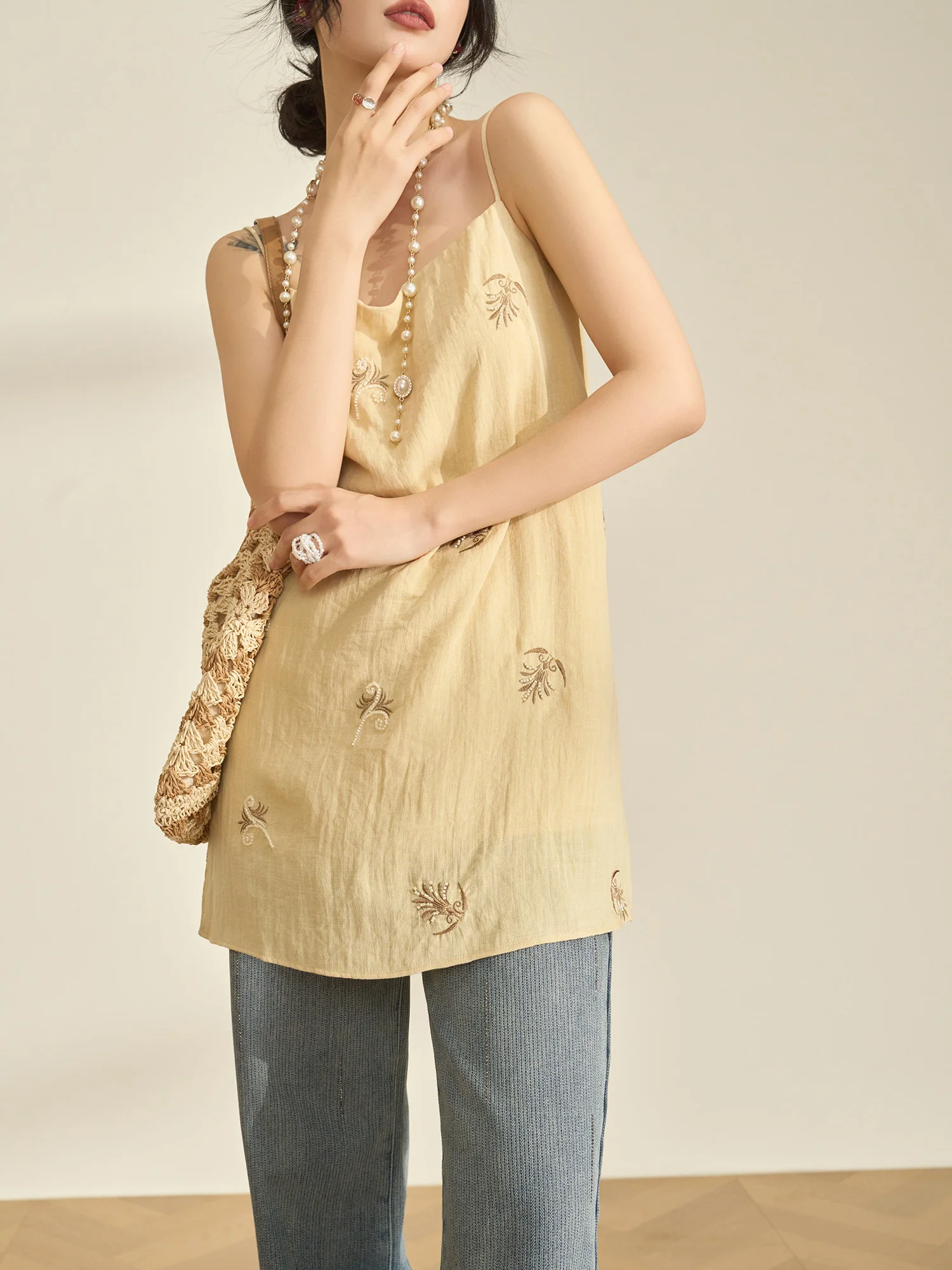 

Ele Mid-Length Beaded Strap Top Women's Casual Loose Fit Pullover Spring 2026 Faion Breathable Polyester Fiber