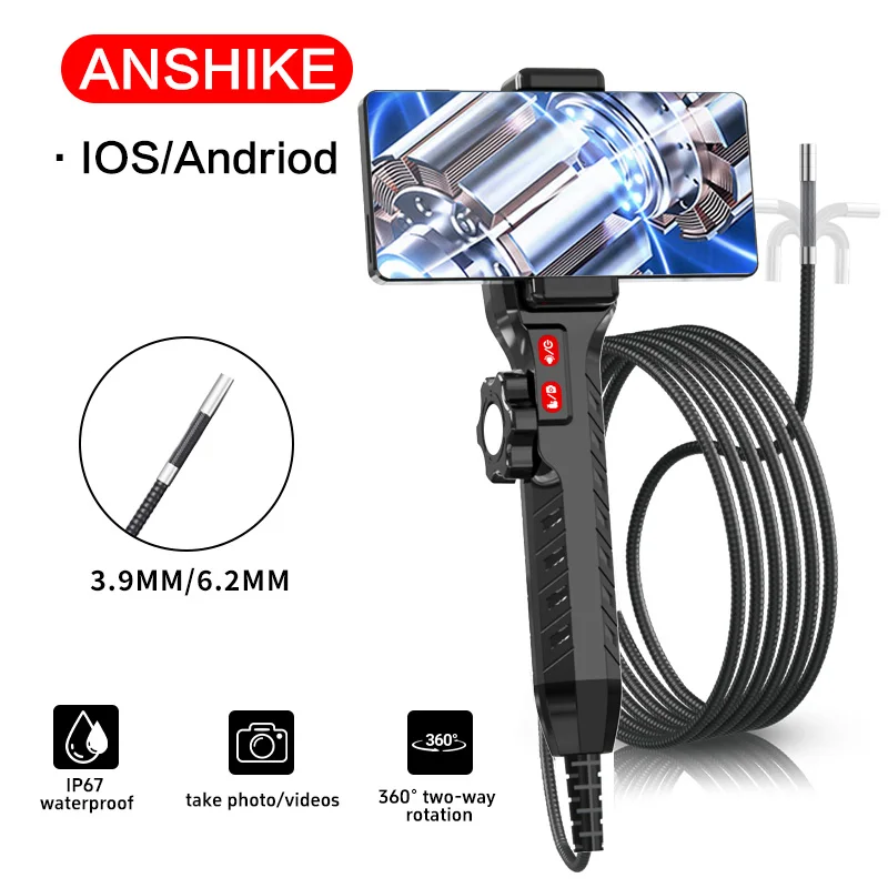 3.9mm/6mm/8mm 360° Articulating Borescope Endoscope Camera with Light, Endoscope with Android/iOS Phone