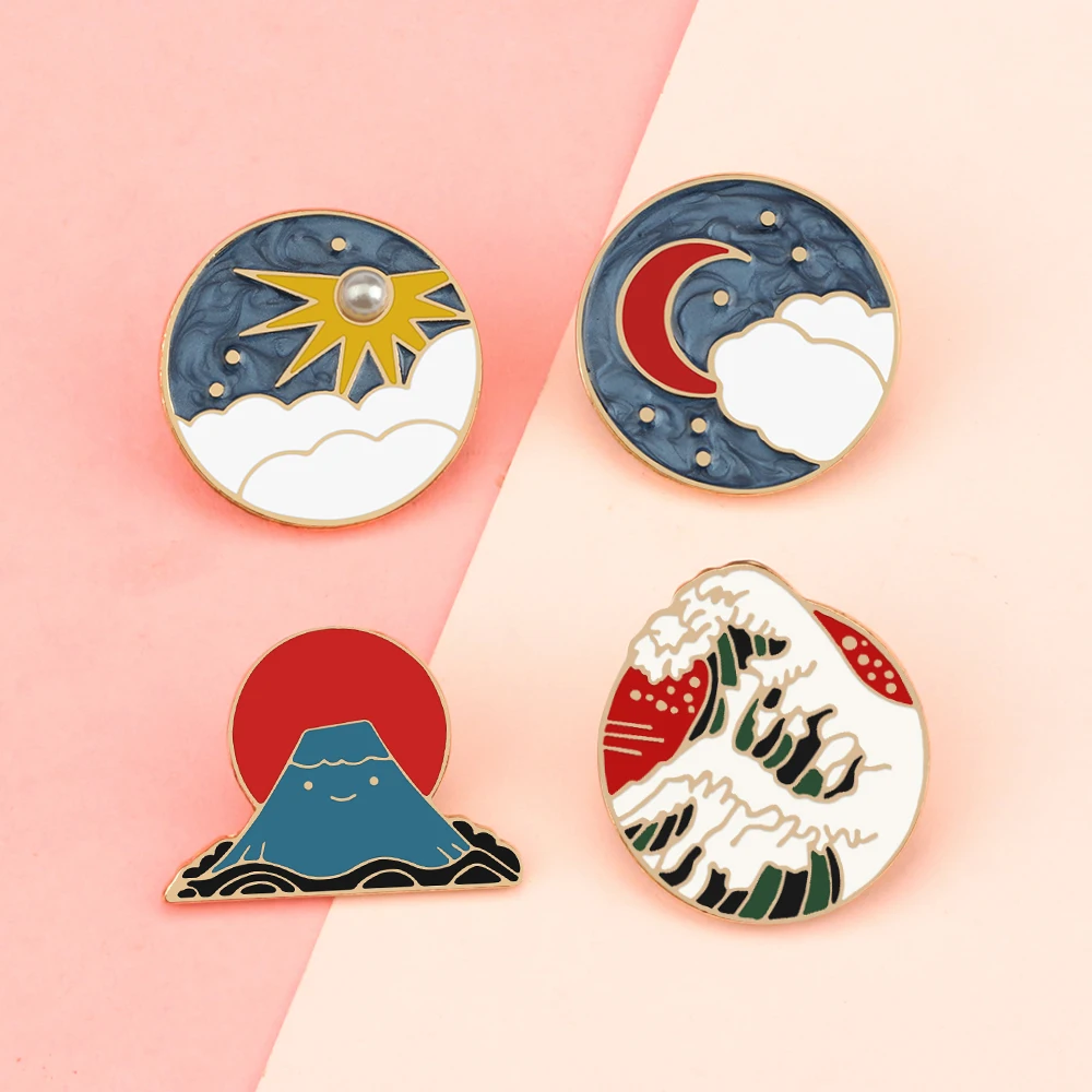 جميلة السماء الشمس القمر البحر موجة بركان المينا دبابيس موضة الجمال الطبيعي مشهد دبابيس معطف التلبيب دبوس شارات مجوهرات هدية #4