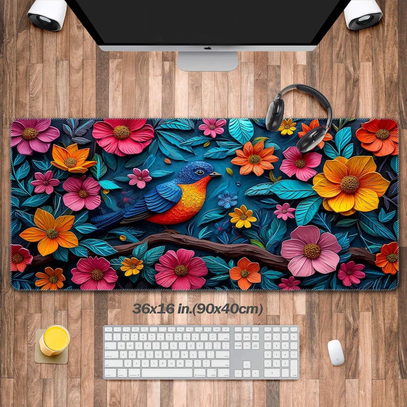 

Spring Doodles Mouse Pad,Basement Leaves Hand Drawn Birds Office,XL Spring Symbols Mouse Pad,Colorful Flowers Desktop Laptop Mat