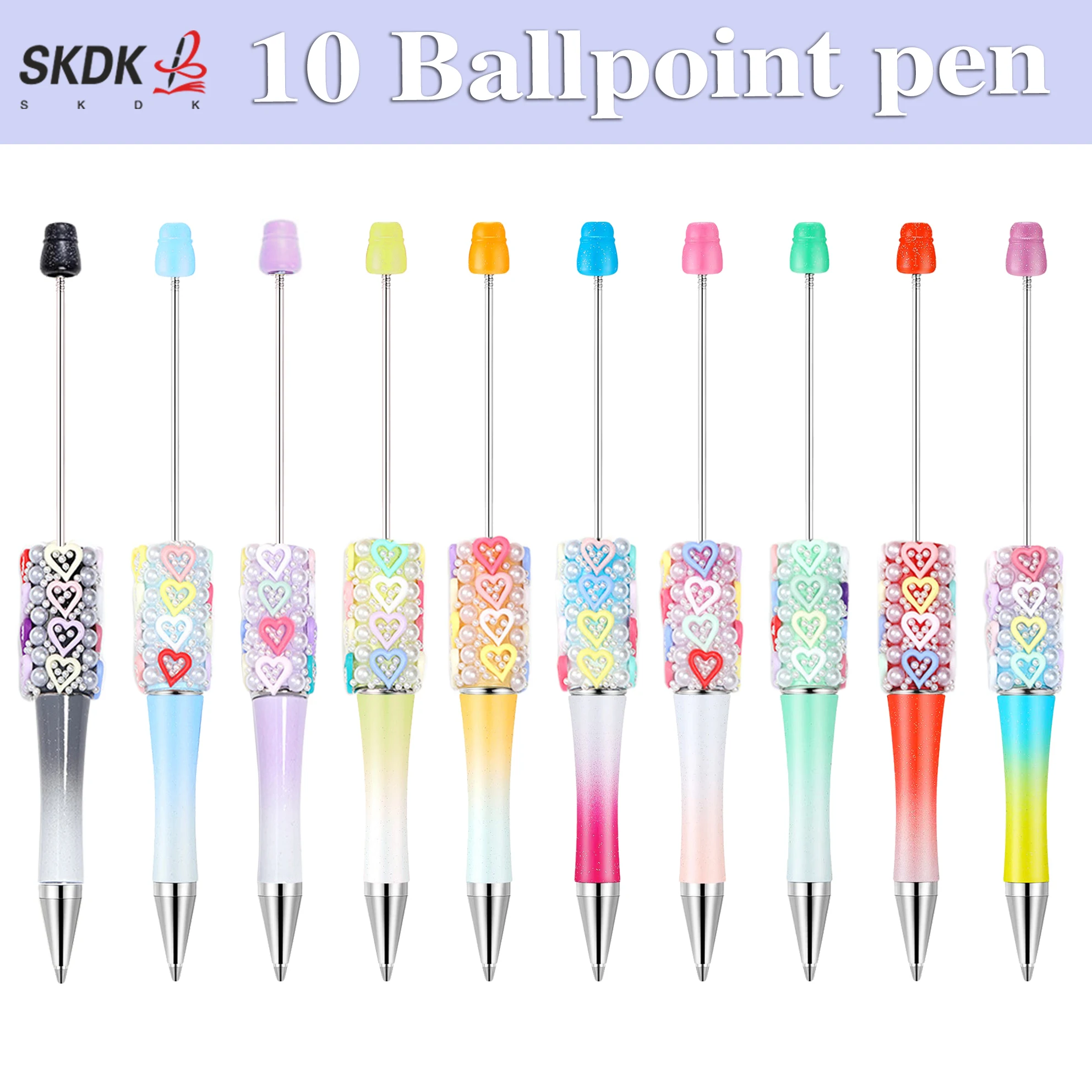 

10Pcs Creative DIY Pearl Bead Pen - Heart Charm Rotating Ballpoint, Bulk Craft Writing Gift