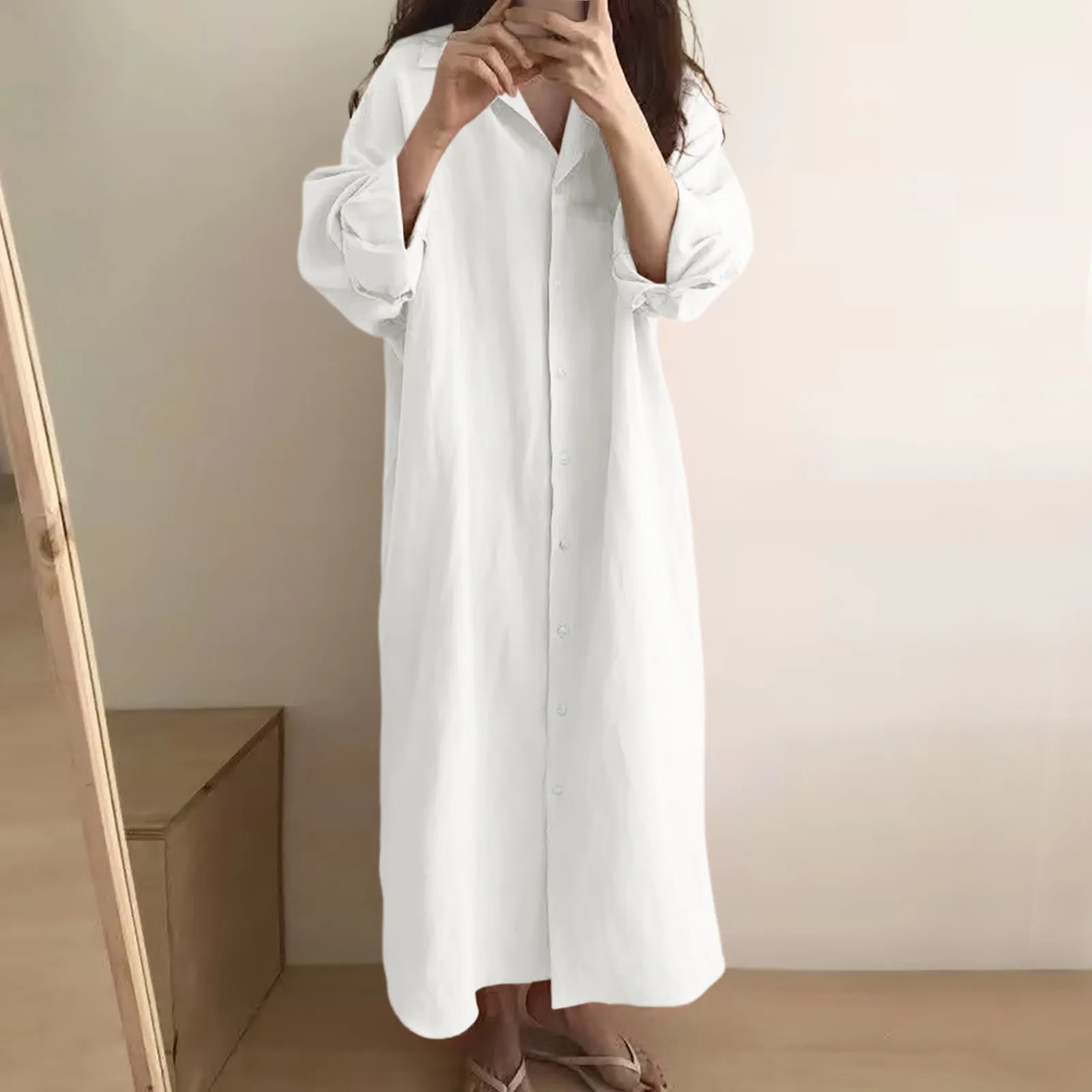 2024 Spring Summer Women\'s Blouses Solid Colour Linen Cotton Shirt Long Dresses Oversize Long Sleeve Loose Casual Dress Vestidos