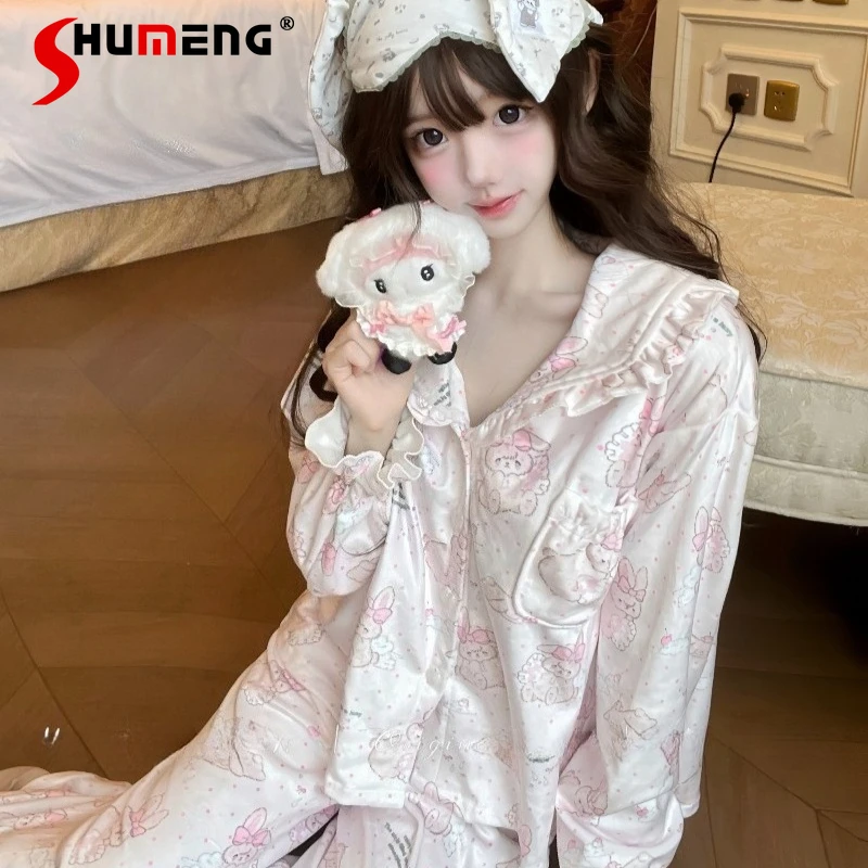 

Осенне-зимние теплые пижамные комплекты, женские милые бархатные домашние костюмы с кукольным воротником и принтом, женские флисовые костюмы для сна в японском стиле