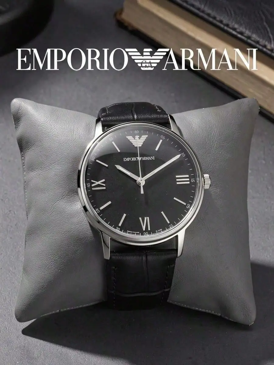 Emporio Armani AR11013 Men Quartz Watch, Silver Steel Case, Black Roman Dial, Leather Strap, 5ATM Waterproof Business Wristwatch