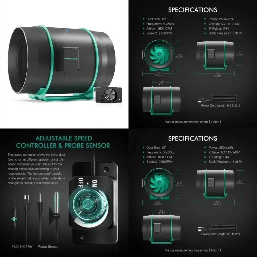 12 Inch 2350 CFM Commercial Greenhouse Ventilation Fan for Mars Hydro Infinity Duct Exhaust System for Hydroponics Grow Tent