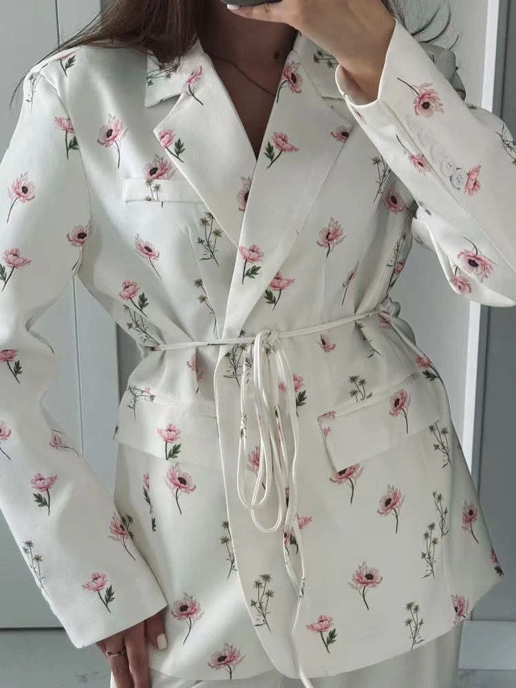 Elegant Floral Blazer with Belted Waist & Shoulder Pads