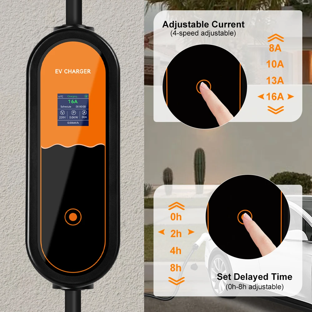 IPENGEN 3.5KW GBT Portable EV Charger 1Phase EU Plug EVSE Charging 8A-10A-13A-16A Current Adjustable Electric Vehicle Charger