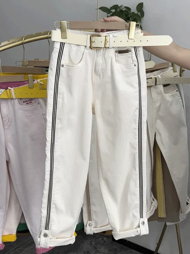 2025 ربيع/صيف جديد مخطط عمودي بار هارين السراويل النسائية أنيق كبير الحجم التخسيس عالية الخصر الترفيه الجينز #5