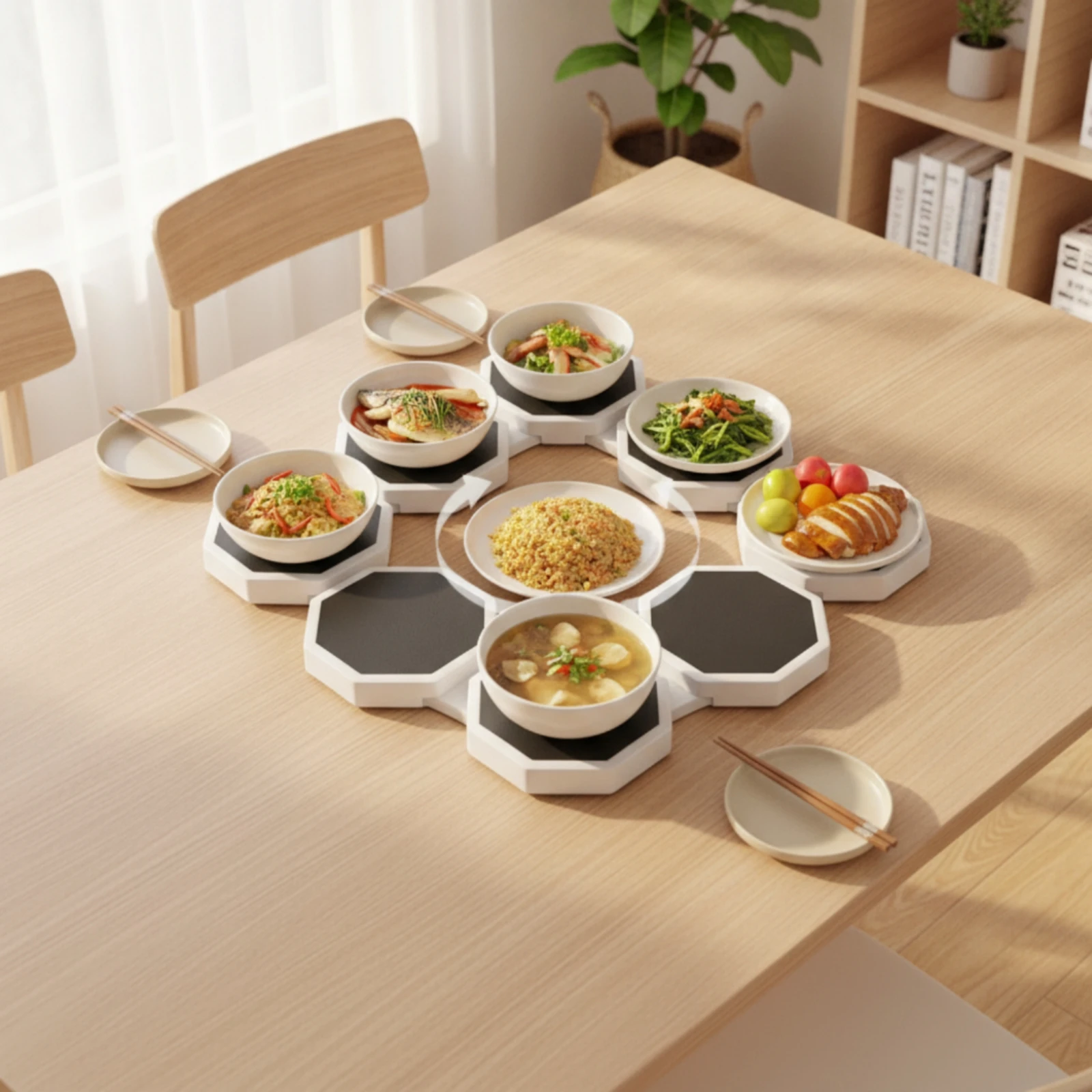 Tabletop Tray with Octagonal Plates Adjustable Rotating Tray with Trays Rotating Tray Expandable for Families, Dining Table