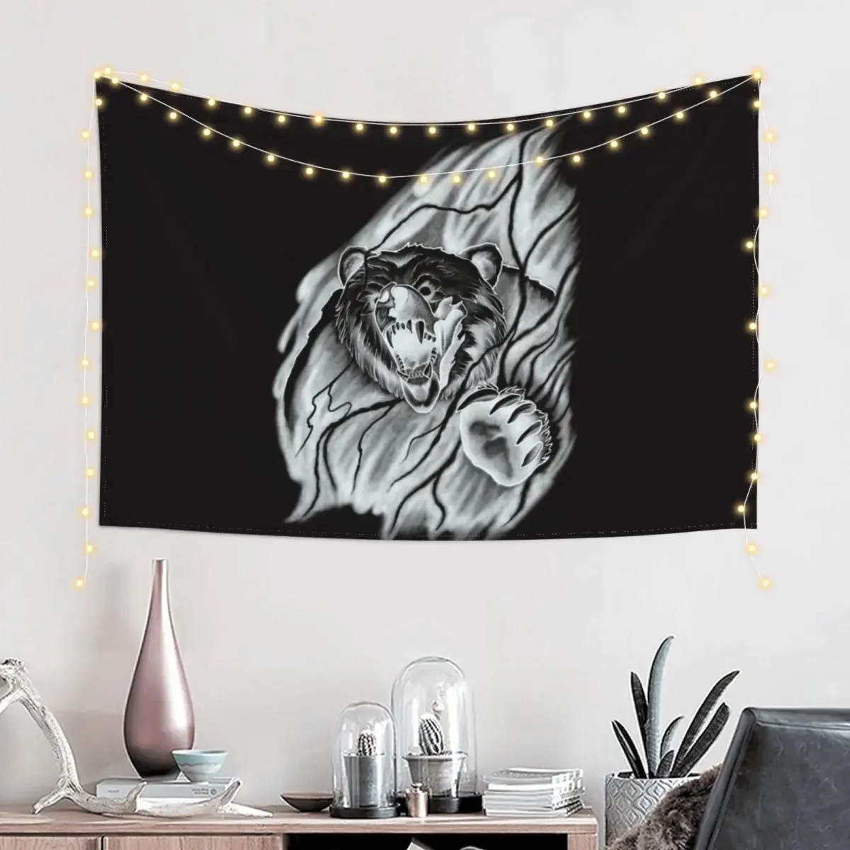 Roaring Bear breaking through the Mist in a Lightning Storm Tattoo Design Tapestry Wall Decor Room Decorating Aesthetic Tapestry