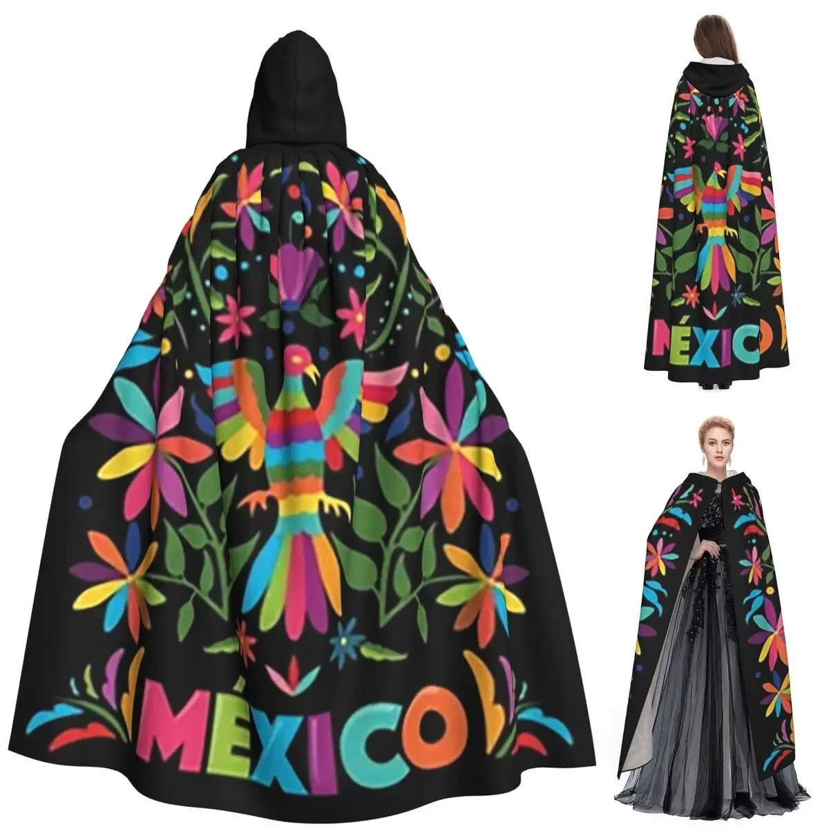 Colorful Mexican Traditional Pattern Long Hooded Cloak Witch Medieval Costume Cosplay Cape HalloweenVampire Adult Unisex
