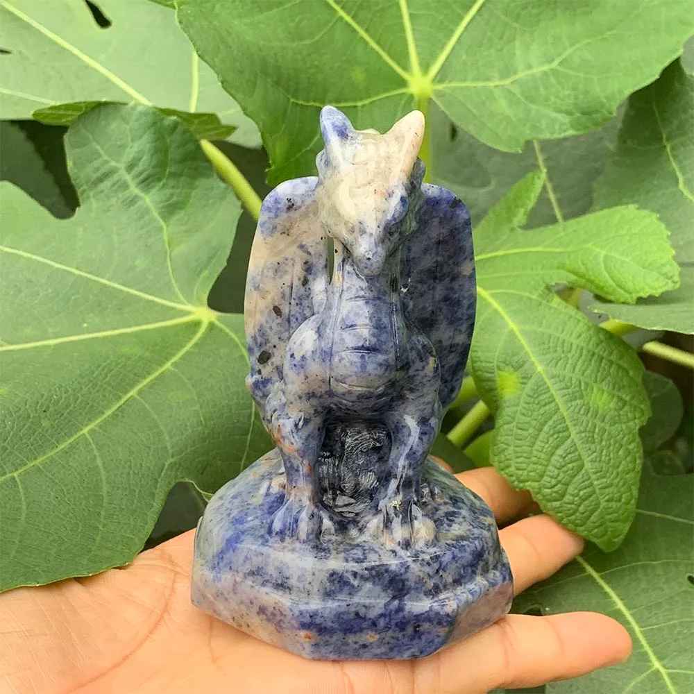 Natural Sodalite Dragon Statue Hand Carved Crystal Mythical Beast Figurine Reiki Healing Energy Stone Wiccan Altar Decor Gift