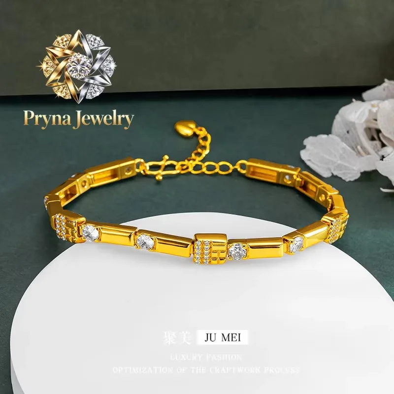 Pryna Jewelry   24K real gold diamond bracelet Yellow gold 9999 gold high grade geometric inlaid bracelet jewelry gift for girlf