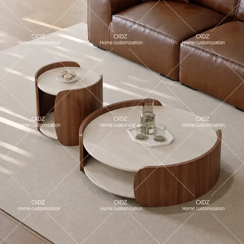 Retro Minimalist Wabi Sabi Travertine Rock Slab Coffee Table Walnut Pattern Round Small Apartment Living Room Combination