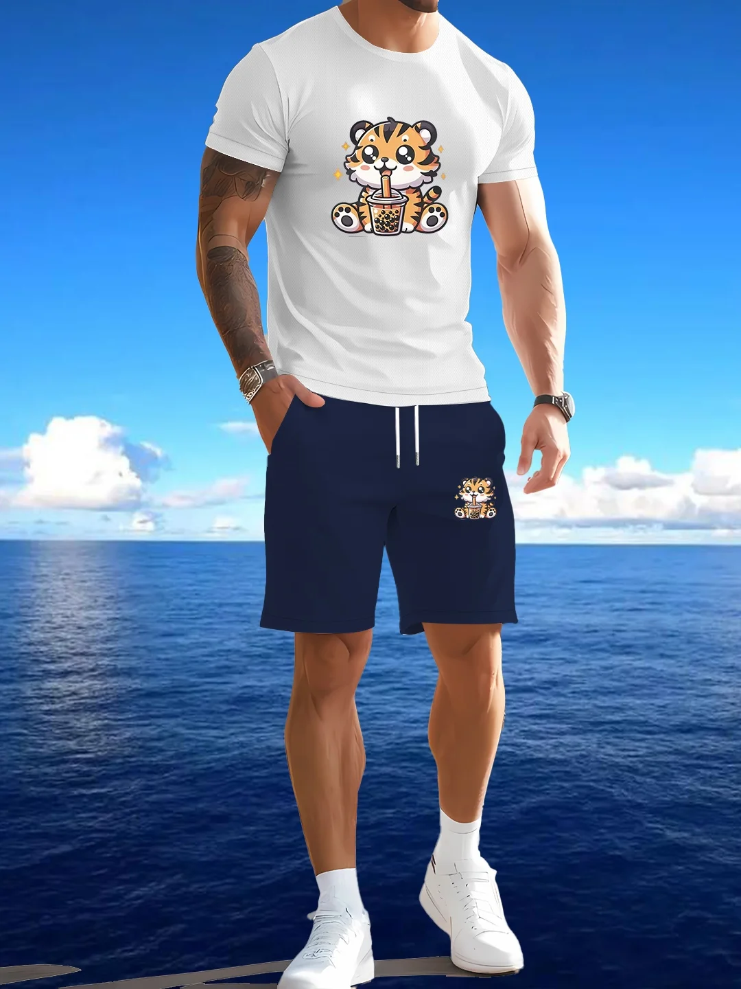 طقم صيفي جديد مطبوع للرجال كاجوال رياضي بأكمام قصيرة مكون من قطعتين #1