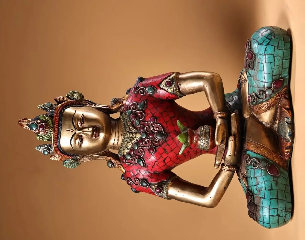 

15"Tibetan Temple Collection Old Bronze Outline in gold Mosaic Gem Turquoise Longevity Buddha Sitting Buddha Town house Exorcism