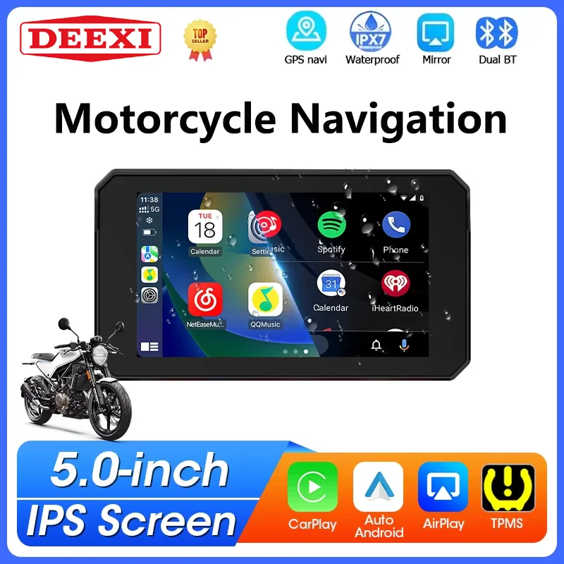 5 inch Motorcycle Navigation Wireless CarPlay Android Auto Dual Bluetooth Moto Monitor Support TPMS IPX7 Waterproof Display