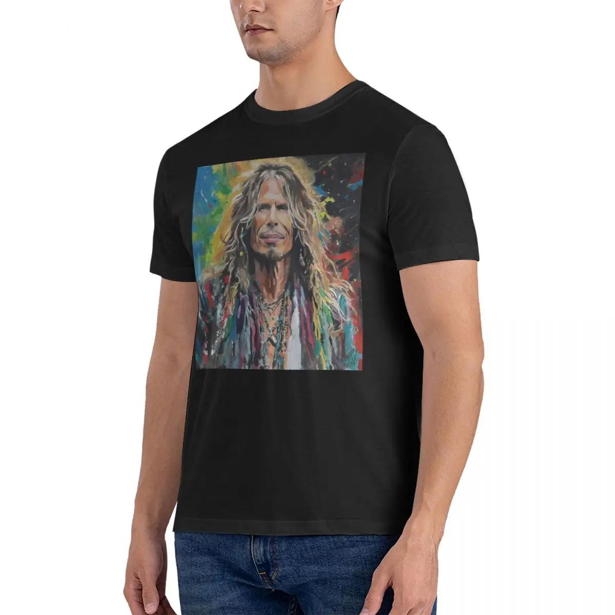 STEVEN TYLER ACRYLIC SPLATTER PAINTING T Shirts Aerosmith Funny Tee Shirt Short Sleeve Crew Neck T-Shirts Cotton Summer