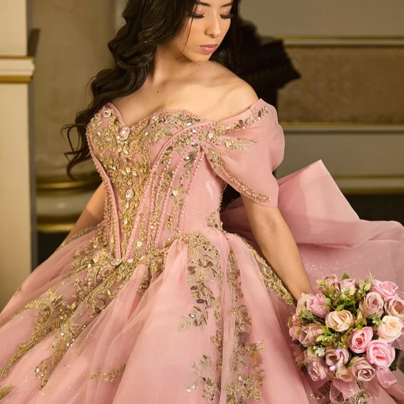 Shiny Pink Quinceanera Dress off-shoulder crystal glitter decal Long tail Big Bow vestidos de 15 Quinceanera ﻿Customize