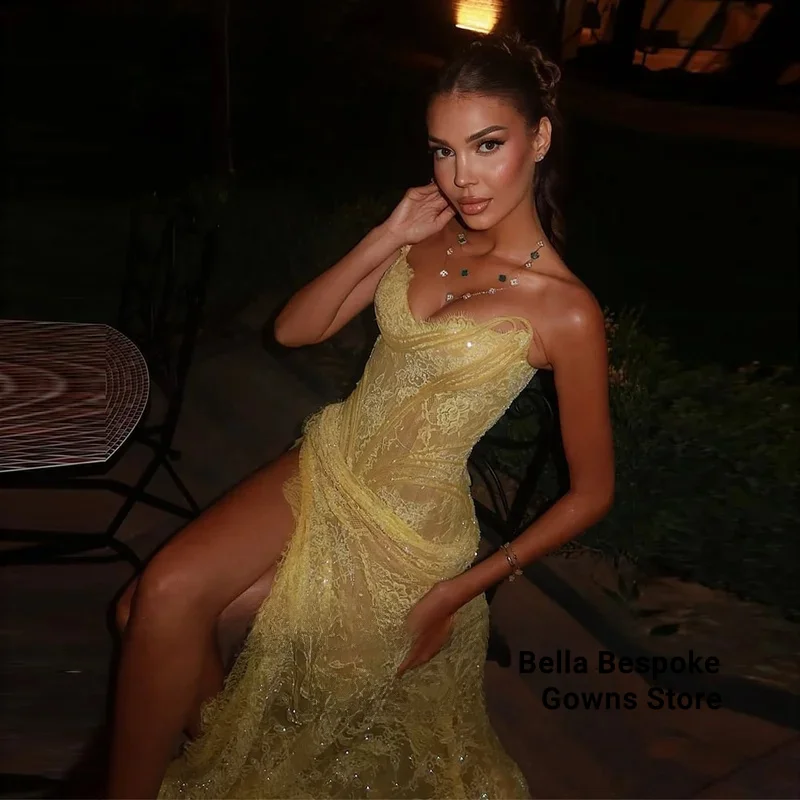 

Glittering Yellow Lace Evening Dresses High Side Slit Vestido Sweetheart Illusion De Novia Robe Soirées Chic Customized