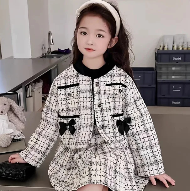 Girls Little Fragrant Style Set 2026 Spring and Autumn Winter New Children Temperament Checkered Coat Skirt Two Piece Set