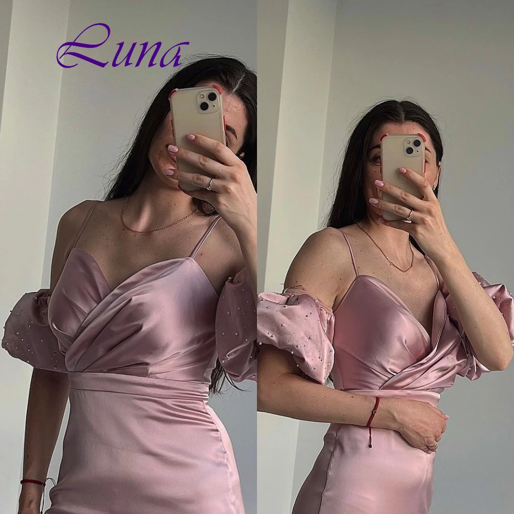 

Customized Exquisite Spaghetti Straps Evening Dress Temperament Detachable Sleeve Prom Dresses Delicate Satin Party Gowns