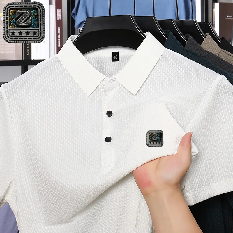 

2025 summer new men's top, men's ice silk lapel short sleeved shirt, cool and breathable, comfortable fabric