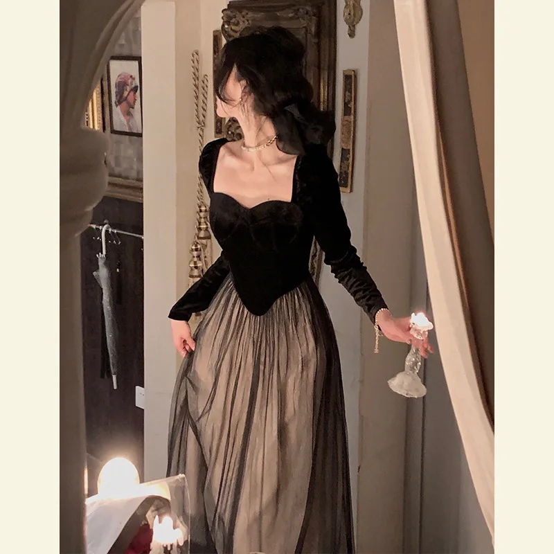 Fashion Sexy Square Neck Long A-line Tulle Evening Dresses Women Black Velour Long Sleeve Party Ball Gown