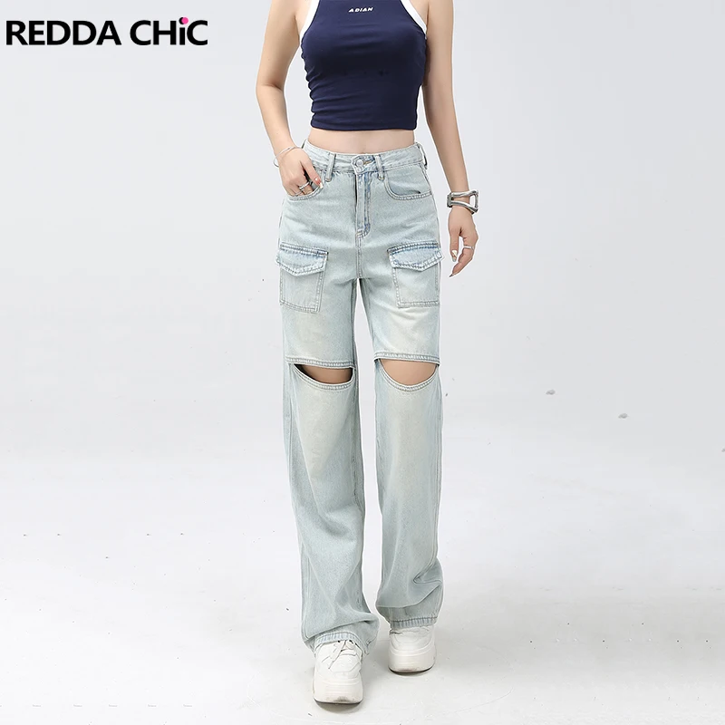 

ReddaChic Multi-pocket Women Baggy Jeans Retro Wash Cut-out Holes Wide Leg Pants High Waist Straight Cargo Jeans Casual Clothes