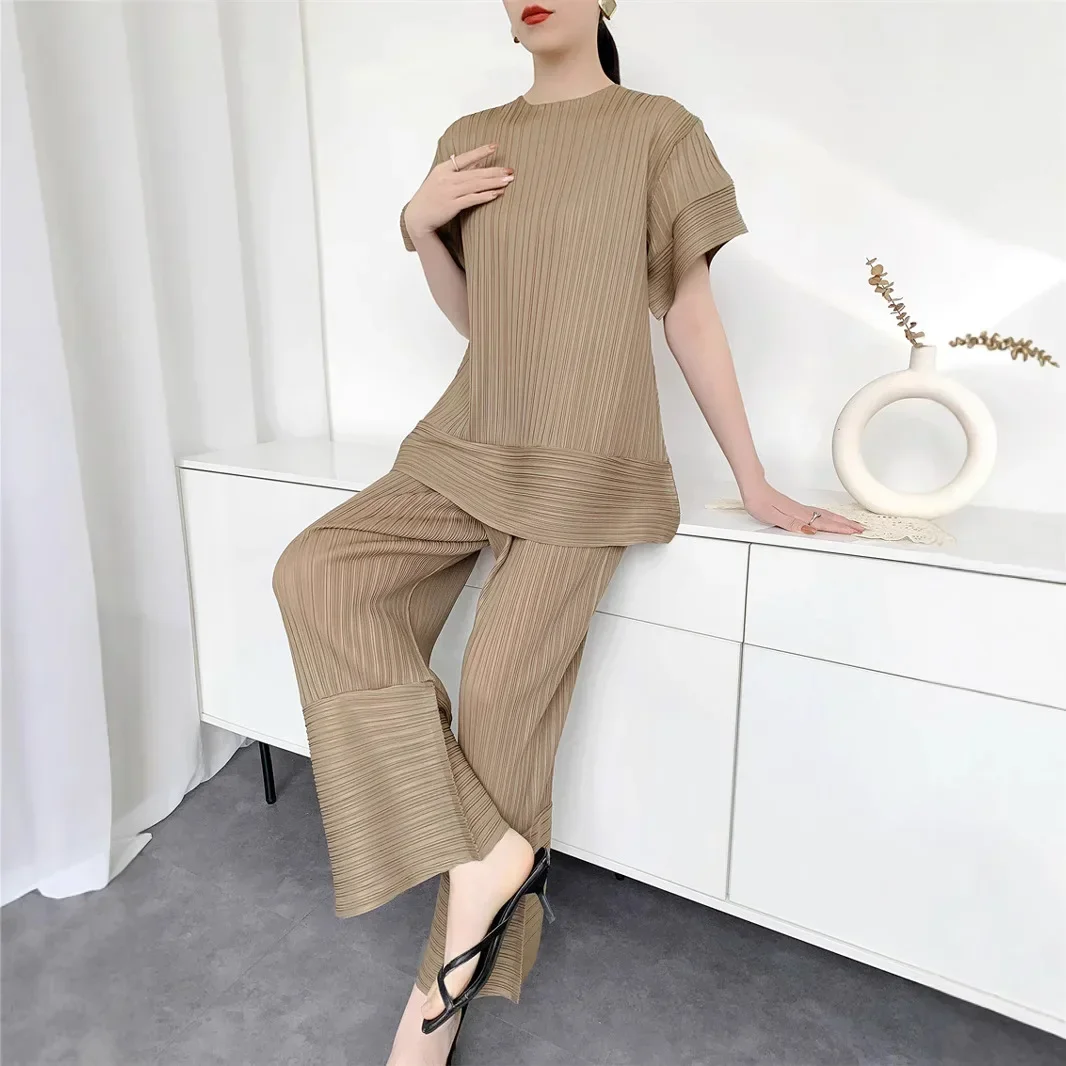 MIA XU Miyake Pants Sets 2025 Summer Pleated Tops Women Casual Patchwork T-Shirt Loose Fashion Niche Design Sense Women Clothing