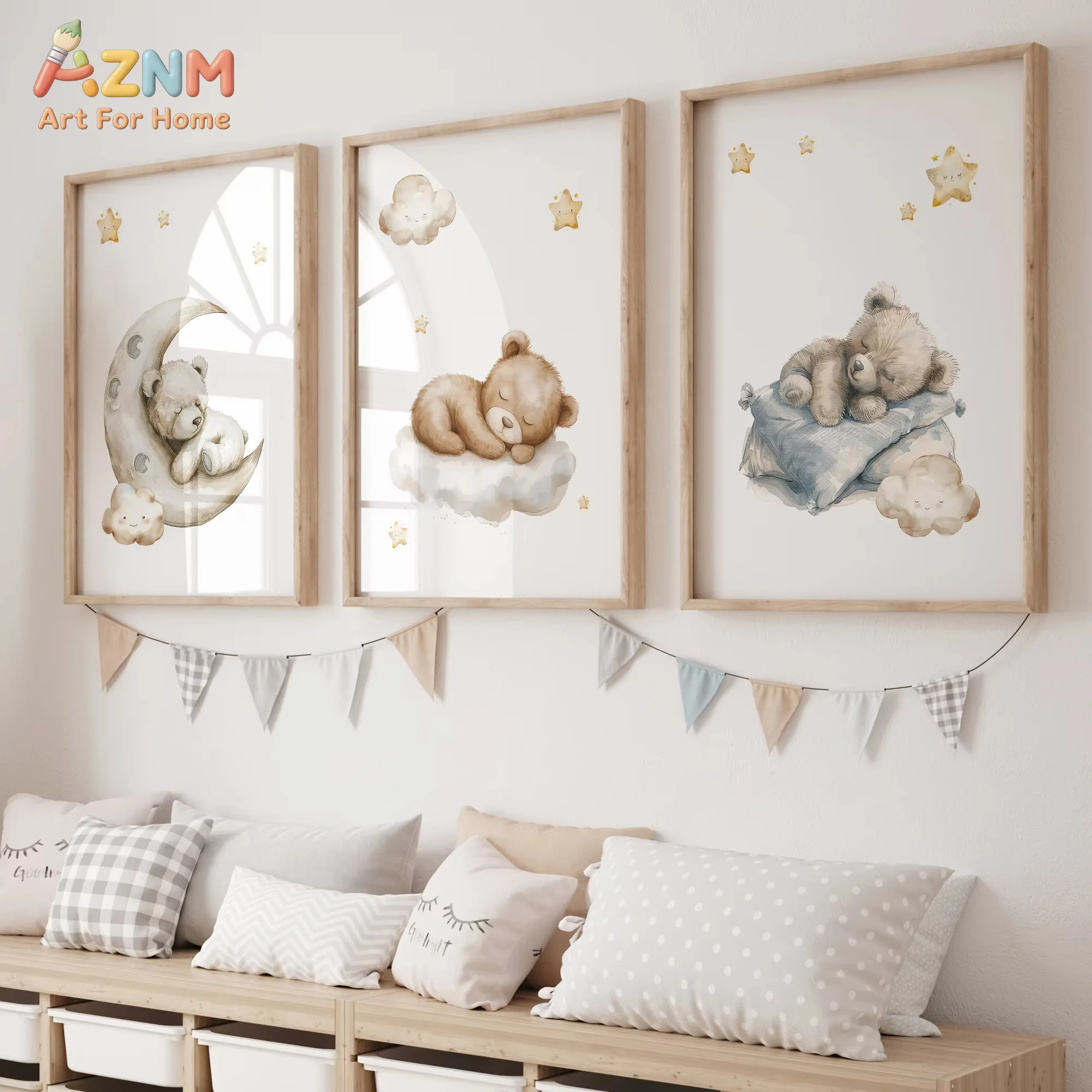 AZNM Night Moon Bear Sleeps Wall Art Prints Canvas Painting Poster Picture For Living Bedroom Play Room Home Decor