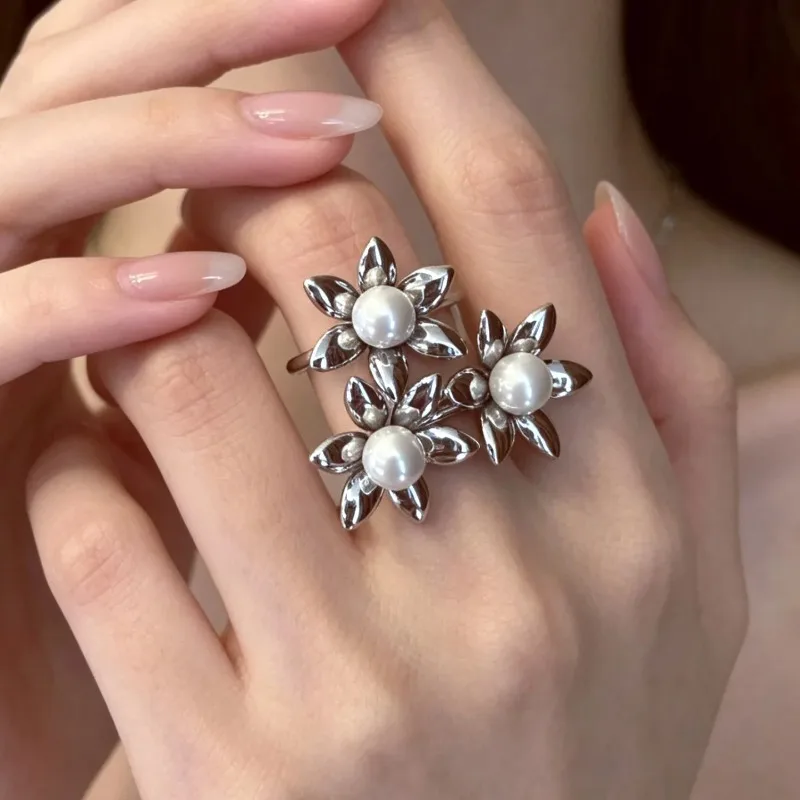 Vintage Three Flower Pearl Open Ring Enamel Floral Adjustable Cuff Rings Elegant Women Party Statement Finger Jewelry Gift