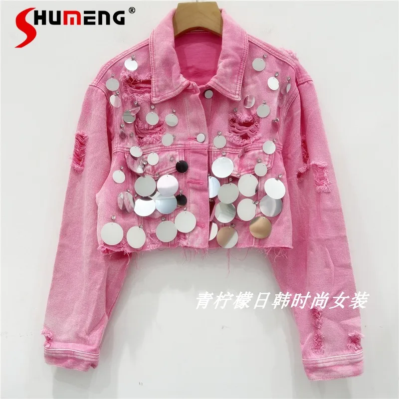 

2024 Spring Autumn New Fashion Tie-Dye Sequin Bead Ripped Cool Short Denim Coat Women's Jacket Pink Top Loose Jaquetas Feminina