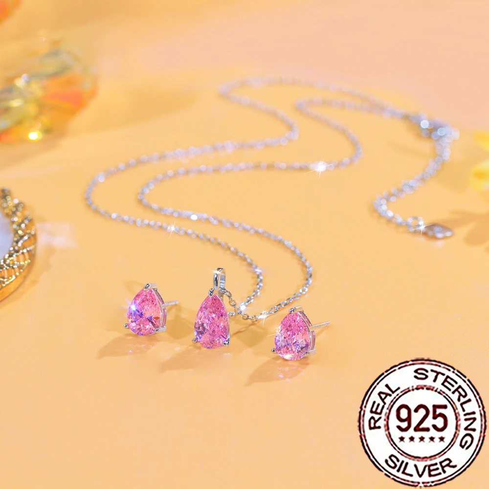 

QooLady S925 Silver Elegant Shiny Pink Water Drop CZ Zircon Necklace Earring Set for Women Wedding Party Fine Jewelry Gift ST047