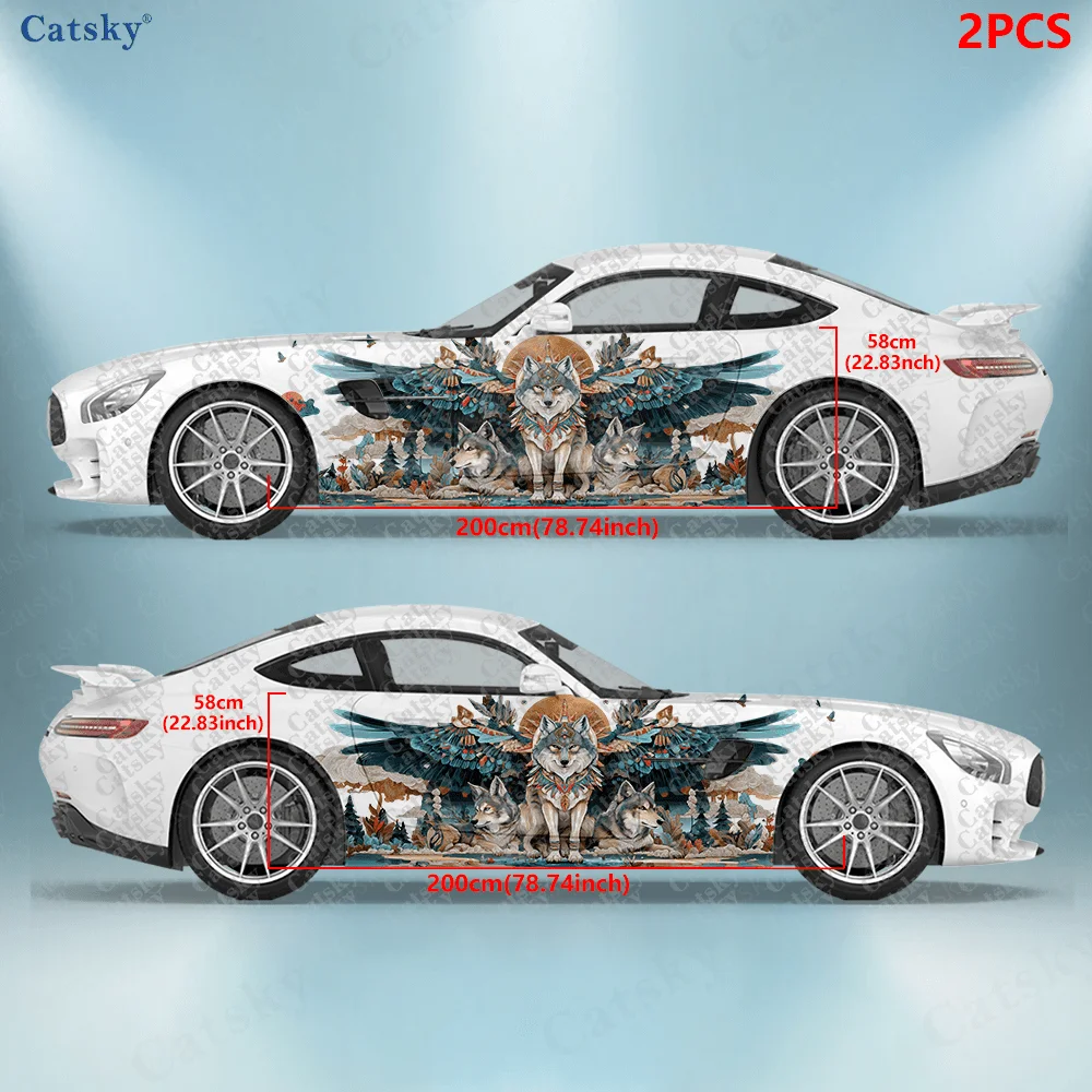 2pcst.Tribe Wolf Pack Car Side Wraps, Self-Adhesive PVC Waterproof & Scratch-Resistant Stickers, Car Accessory Gift