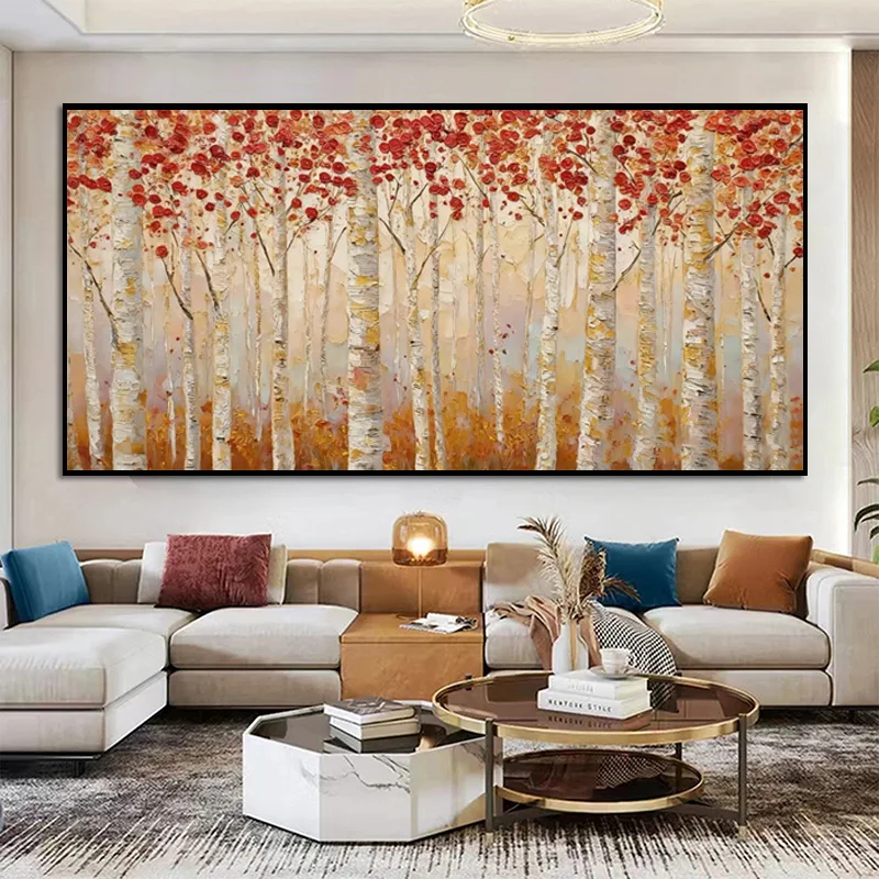 Handmade Special Red Orange Black Autumn Season Forest Landscape Oil Painting Large Beige Red Tree Wall Art Decor Items As Gift