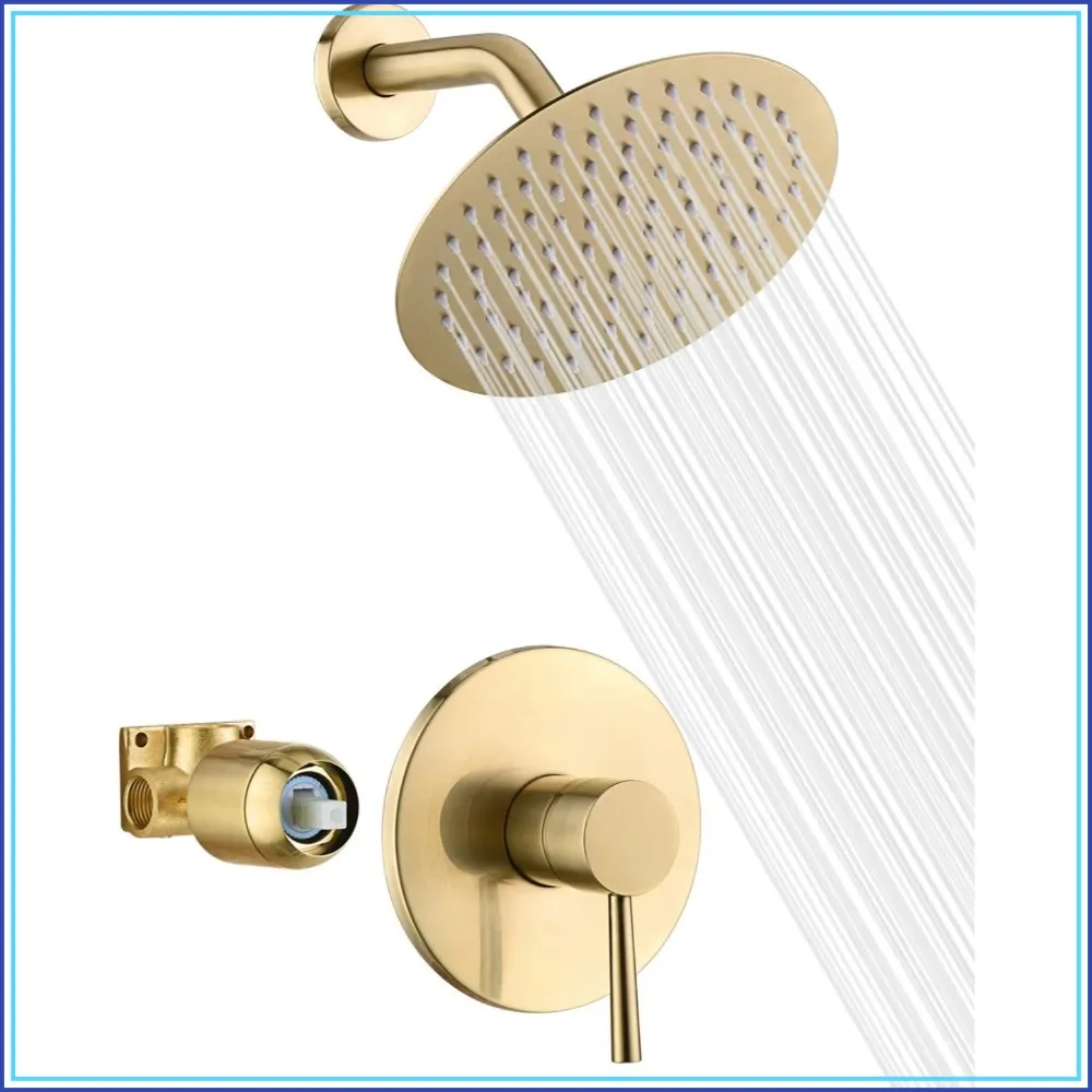 Brushed Gold Shower Faucet Set with 8" Rain Shower Head & Solid Brass Rough-In Valve