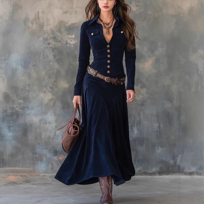 

Autumn Retro Suede Maxi Dresses Womens Elegant Spring Fall Long Sleeve V-Neck Dress Slim Party Dress Casual Streetwear with Belt